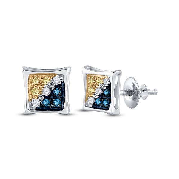 Mens Blue Yellow Color Enhanced Diamond Square Kite Earrings 1/20 Cttw 10kt White Gold