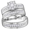 Image 1 : His Hers Diamond Cluster Matching Wedding Set 3/4 Cttw 14kt White Gold