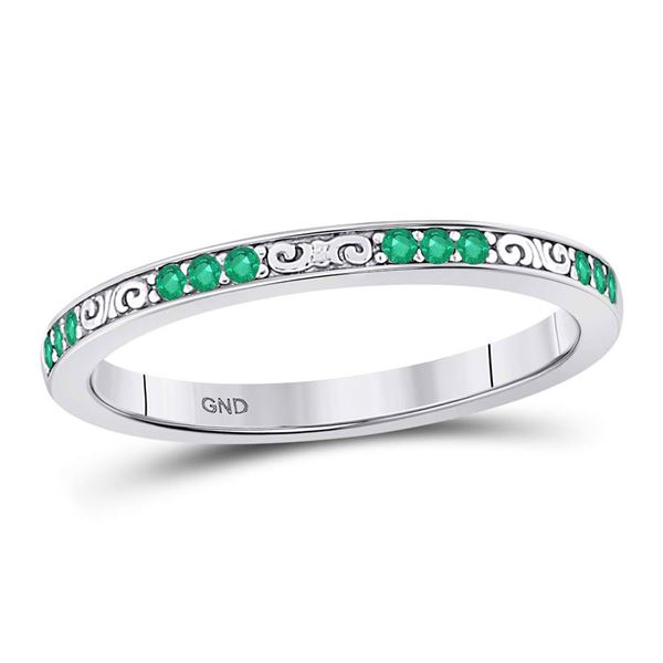 Emerald Single Row Flourished Stackable Band Ring 1/8 Cttw 10kt White Gold