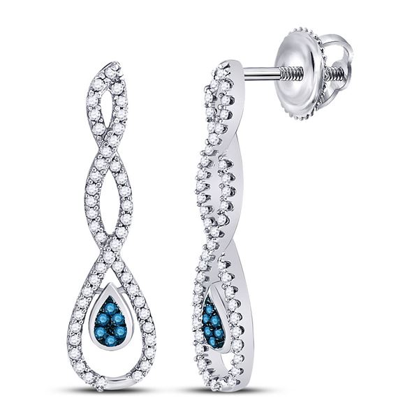 Blue Color Enhanced Diamond Dangle Earrings 1/4 Cttw 10kt White Gold