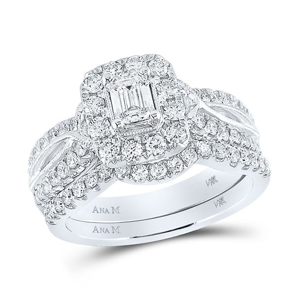 Emerald Diamond Bridal Wedding Ring Band Set 1-3/8 Cttw 14kt White Gold