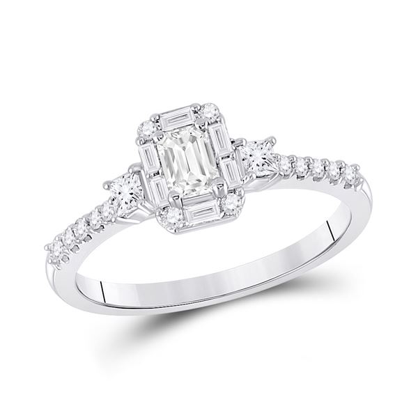 Emerald Diamond 3-stone Bridal Wedding Engagement Ring 5/8 Cttw 14kt White Gold