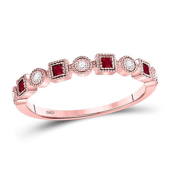 Princess Ruby Diamond Square Dot Milgrain Stackable Band Ring 1/8 Cttw 10kt Rose Gold