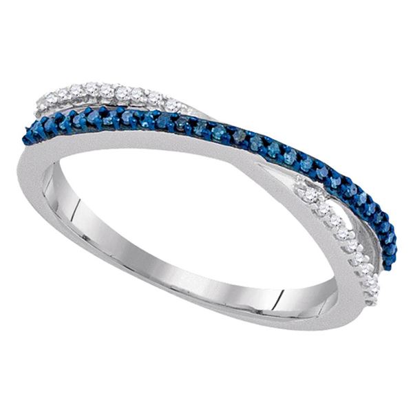 Blue Color Enhanced Diamond Slender Crossover Band 1/6 Cttw 10kt White Gold