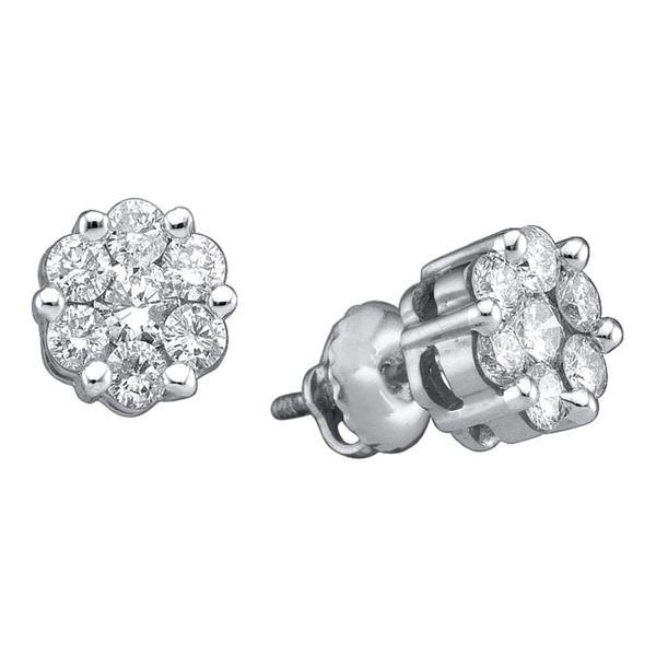Diamond Flower Cluster Stud Earrings 1 Cttw 14k White Gold