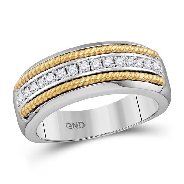 Mens Pave-set Diamond Yellow-tone Rope Wedding Band 1/3 Cttw 10kt White Gold