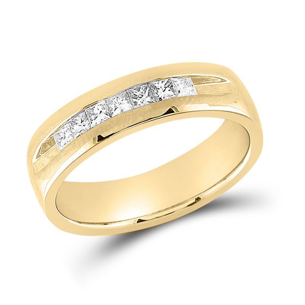 Mens Princess Diamond Wedding Single Row Band Ring 1/2 Cttw 14kt Yellow Gold