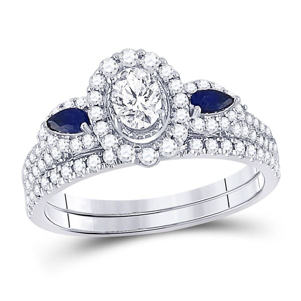 Oval Diamond Bridal Wedding Ring Band Set 7/8 Cttw 14kt White Gold