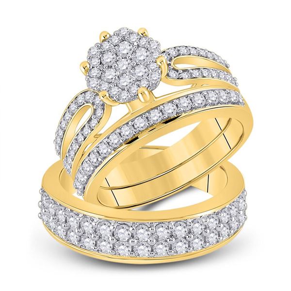 His Hers Diamond Cluster Matching Wedding Set 1-3/4 Cttw 14kt Yellow Gold