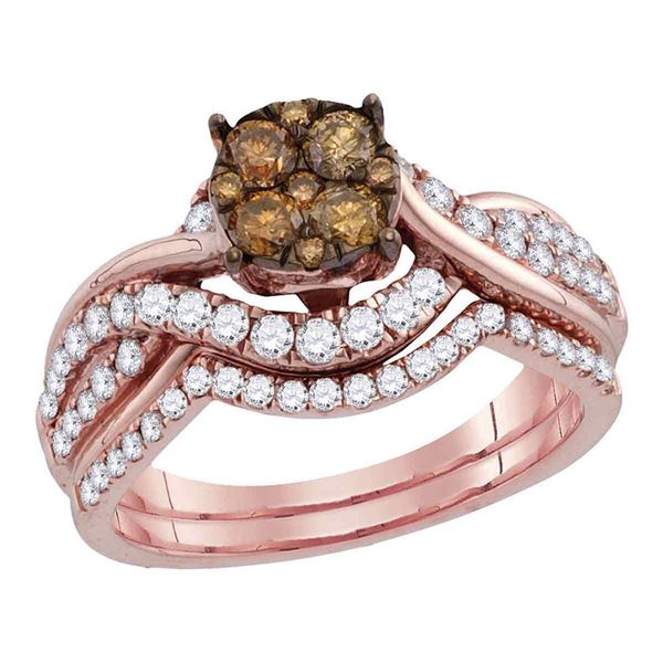 Brown Diamond Cluster Bridal Wedding Ring Band Set 1 Cttw 14kt Rose Gold