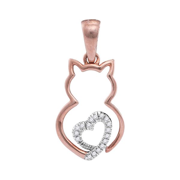 Diamond Kitty Cat Animal Pendant 1/20 Cttw 10kt Two-tone Rose Gold