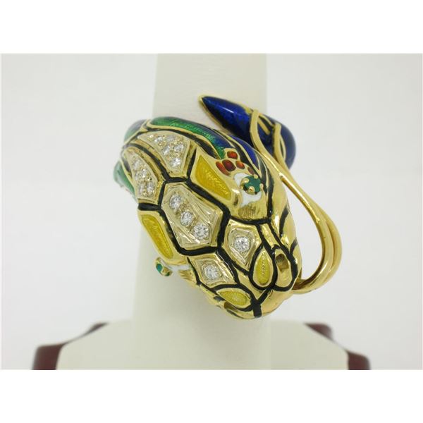 Vintage 18K Gold Multi Color Enamel Diamond & Emerald Large Snake Head Wrap Ring