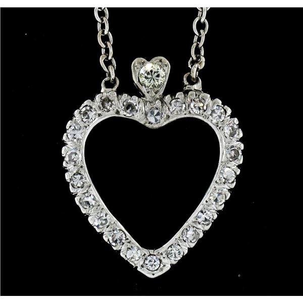 Antique 14k White Gold 1.00 ctw Single Cut Diamond Open Heart Pendant Necklace