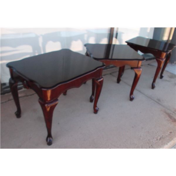 Three Side Tables, Dark Wood High Gloss Varnish, Dimensions in description