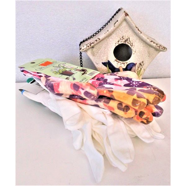 Decorative Bird House and FOUR Pairs of Ladies Gardening Gloves