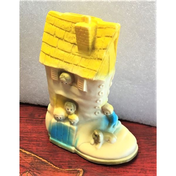 Hard Plastic Piggy Bank Boot with Children and a Dog, Made in Taiwan, Missing Bottom Stopper