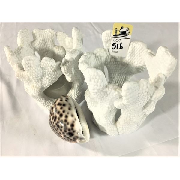 TWO Coral Inspired Candle Holders and Shell