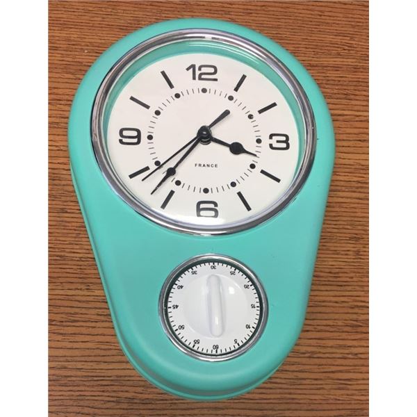 Turquoise Kitchen Clock with Timer - Tested and Works Great