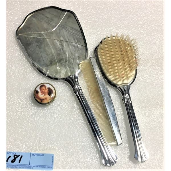 Vintage Mirror, Brush and Comb, with small container