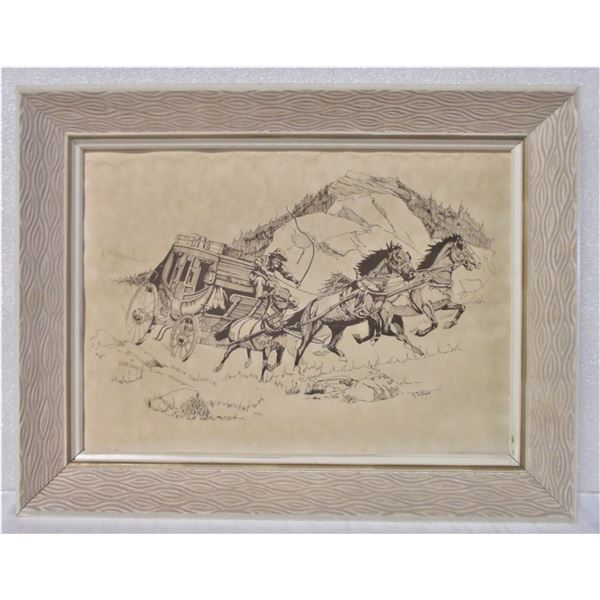 Framed Print -  Stagecoach Ink Drawing by R. Watson