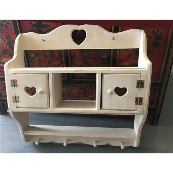 Wooden Shelf with Coat Hooks and Heart Decorations