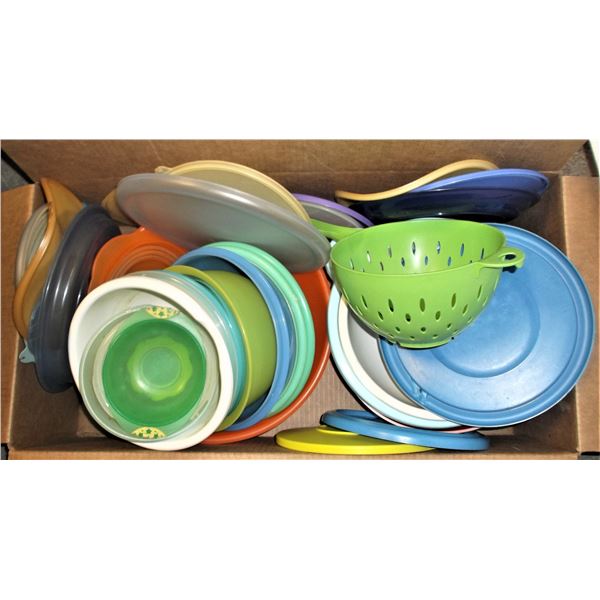 Box of Plastic Bowls and Lids