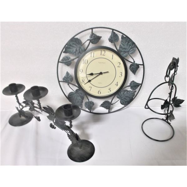 Metal Decor Lot - Green Leaf Designs, Clock tested and works