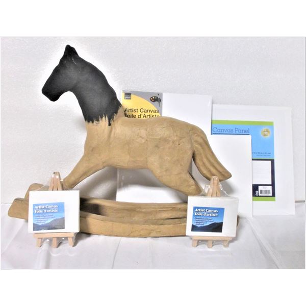 Paper Mache Rocking Horse and Canvases