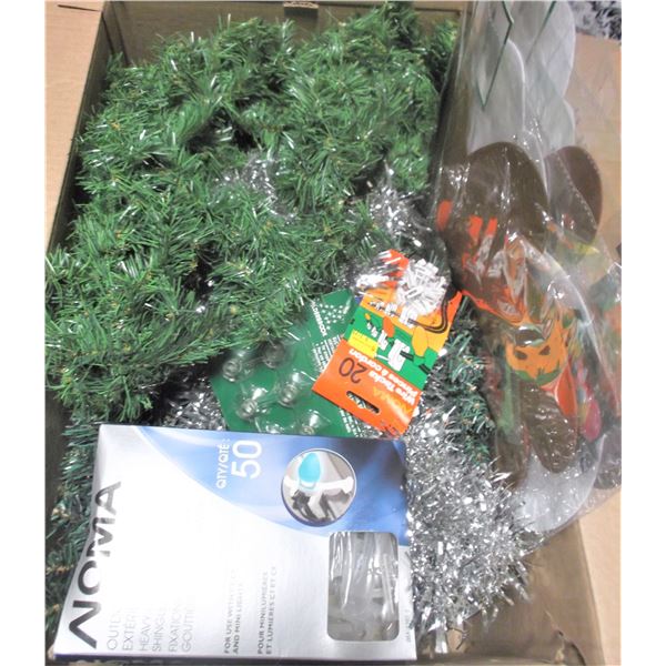 Box of Christmas Items: Garland, Light Hangers, Craft Kits