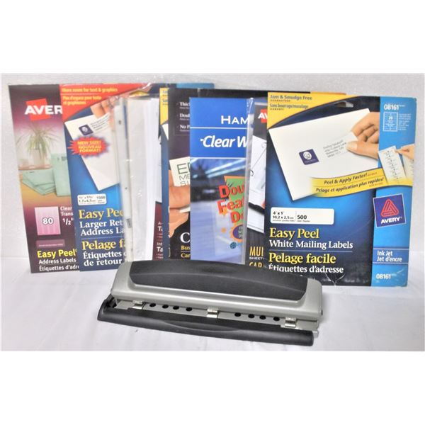 Office Supplies: Three Hole Punch, Labels, Blank Business Cards
