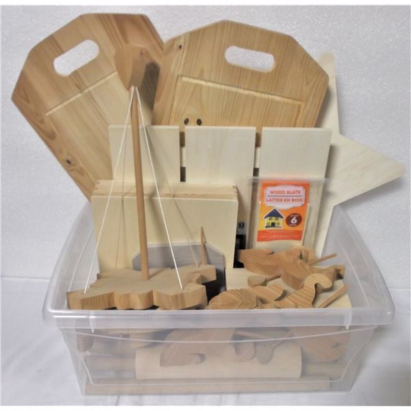 Bin of Wooden Craft Items