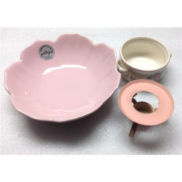 Pink Bowl, Candle Holder and NCE 1988 Vintage Soup Bowl with Handles (flowers)
