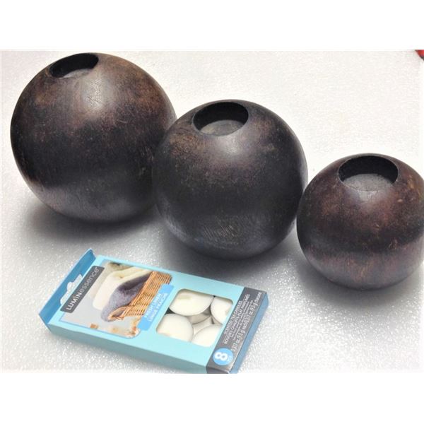 Three Sphere Wooden Candle Holders and Tea Light Candles