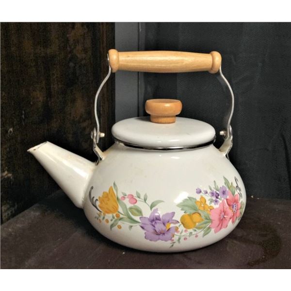 Metal Tea Pot - White with Floral Design