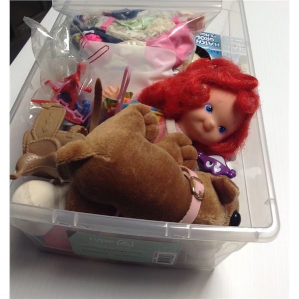 Shoebox Bin of Toys , including Barbie Clothes and Hatch & Grow Penguin