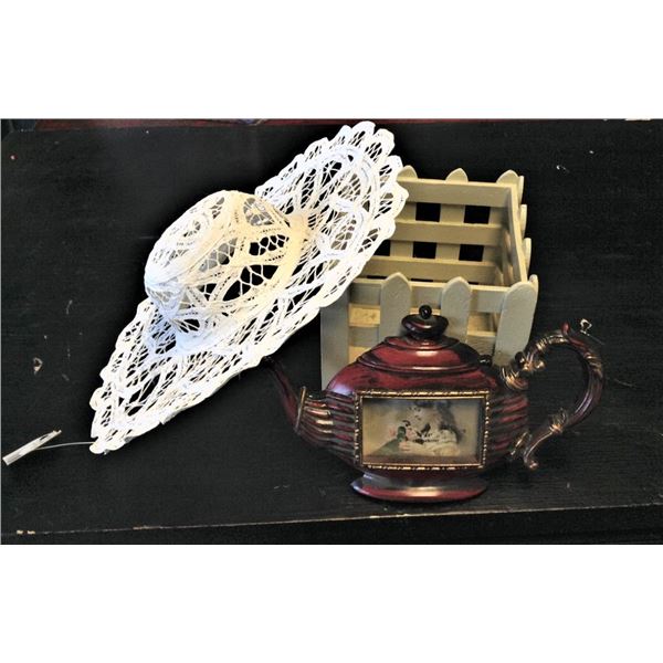 Tea Pot Picture Frame, Lace Hat Wall Hanging and  Fence Post Inspired Plant Pot Holder
