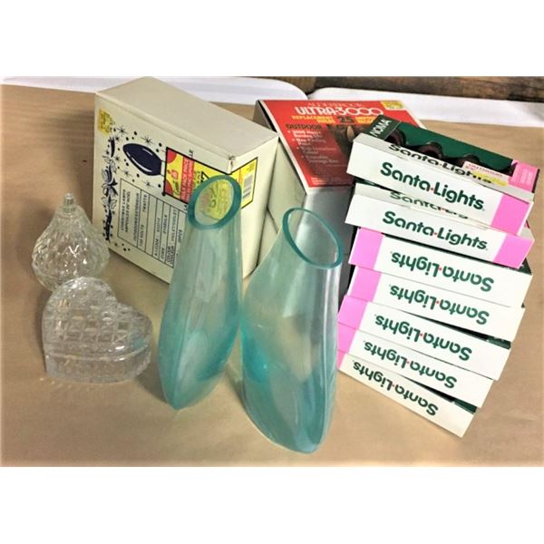 Christmas Lights, Jewelry Boxes and Two Blue Glass Vases