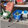 Image 1 : BACKPACK SPRAYER, TOTE OF HOSES AND PLANT FOOD WITH SEAD SPREADER AND ROPE