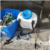 Image 2 : BACKPACK SPRAYER, TOTE OF HOSES AND PLANT FOOD WITH SEAD SPREADER AND ROPE