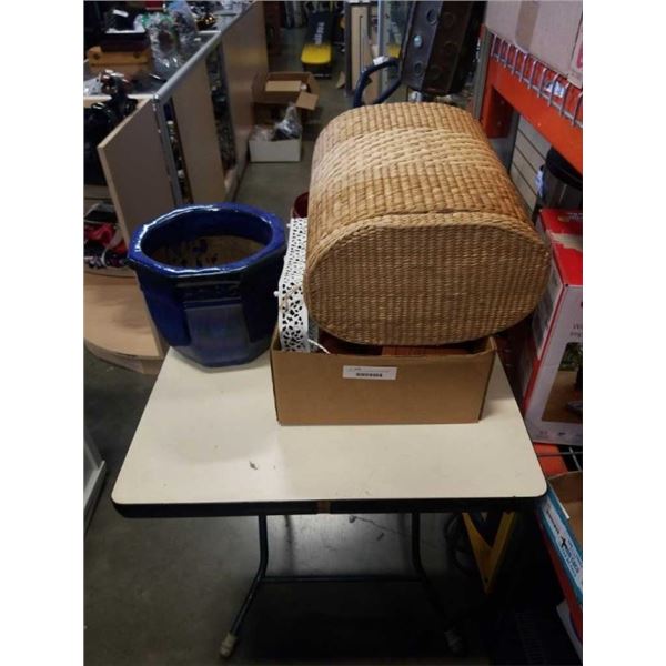 BOX OF VARIOUS PLANTERS AND WICKER HAMPERE