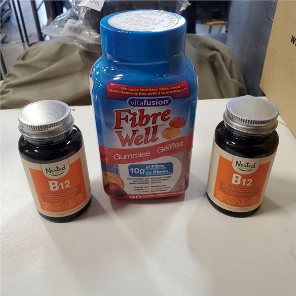 BOTTLE OF VITAFUSION FIBRE WELL GUMMIES BB 2023 AND 2 BOTTLES OF NESTED B12 BB OCT 2021