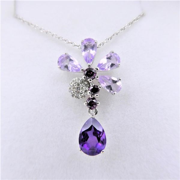 NEW STERLING SILVER GENUINE AMETHYST AND DIAMOND FORAL PENDANT W/ STERLING CHAIN W/ APPRAISAL $1040