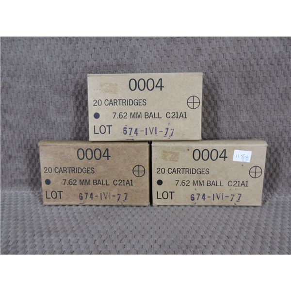 7.62 MM Ball C21A1 - 3 unopened boxes of 20
