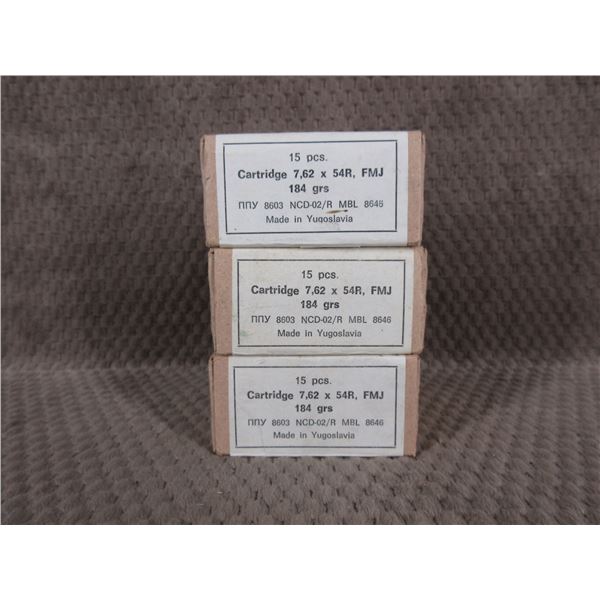 7.62 X 54R Yugoslavia 184gr FMJ - 3 Unopened Boxes of 15