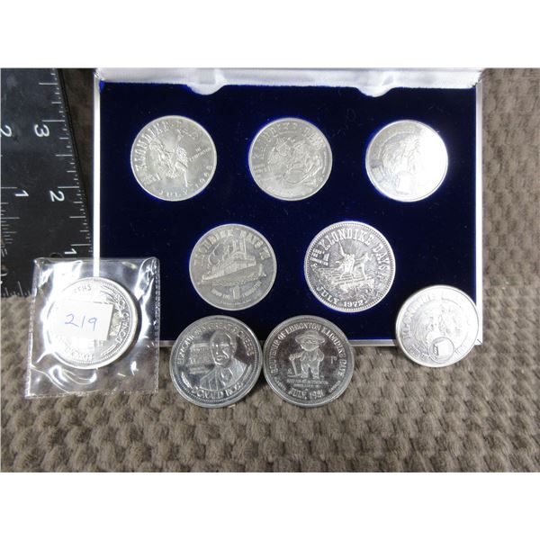 Edmonton Klondike Dollars 5 mounted in case and 4 others