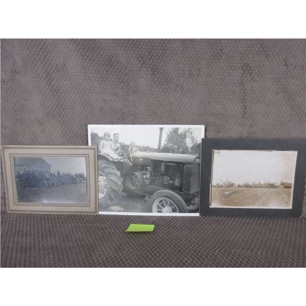 Lot of 3 Vintage Pictures of 1914 Thrashing, Tractor & Cars