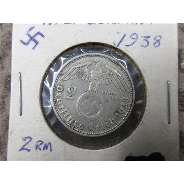 1938, 2-Reichmarks Nazi Germany Silver Coin
