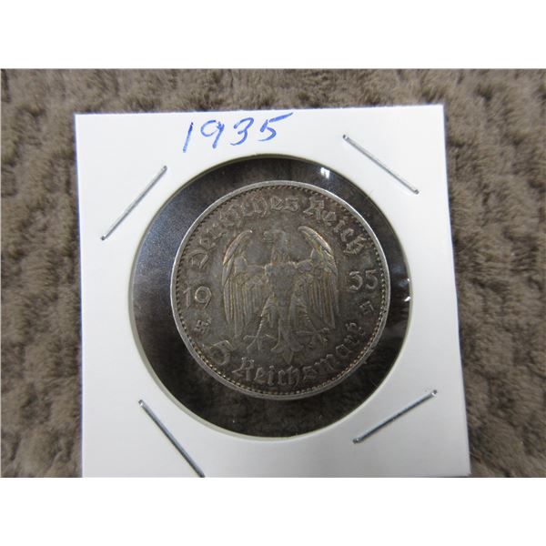 1935, 5-Reichmarks Nazi Germany Silver Coin
