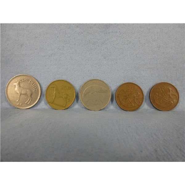 5 Irish Punt Coins - 1990, 1975, 1969, 1975, 1986