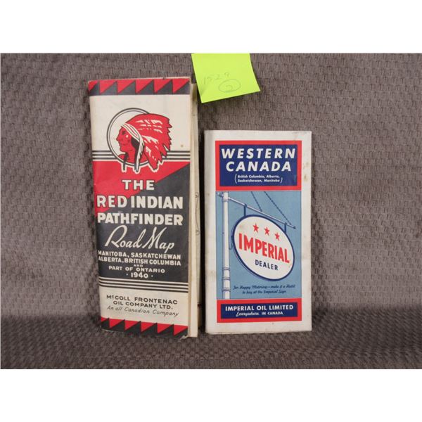 2 Vintage Road Maps - Red Indian 1940 & Imperial 1940